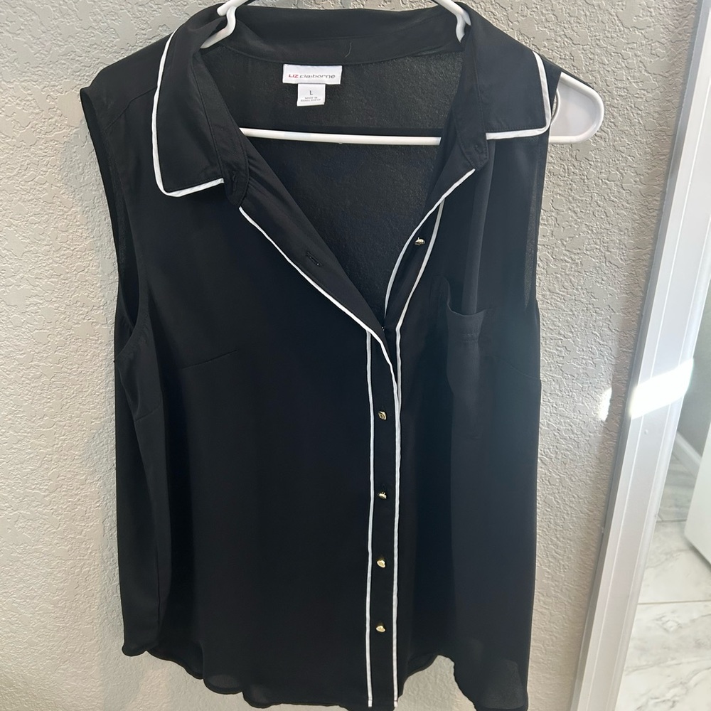 Liz Claiborne Black Button Down Shirt with White Piping